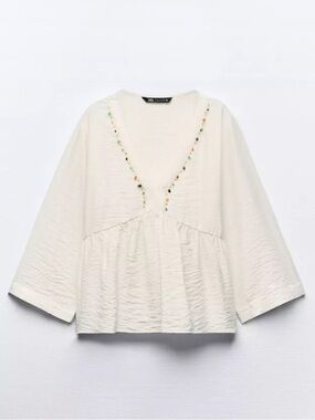 Zara White V-Neck Stone Adornment top